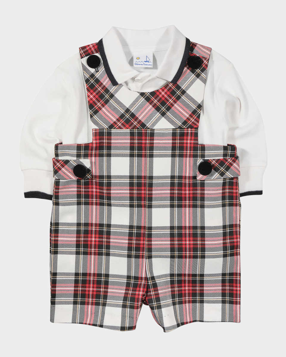 Boy's Plaid Shortall & Long-Sleeve Tipped Polo Shirt Set, Size 6M-24